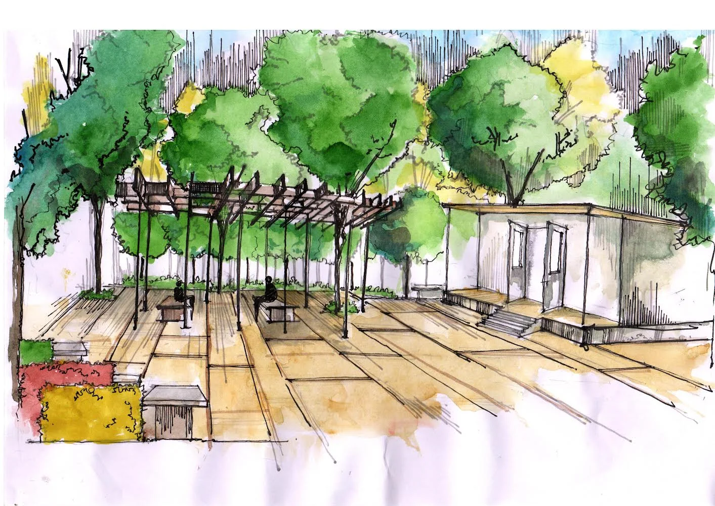 Ampad campus landscape — watercolour of the pergola-shaded timber deck