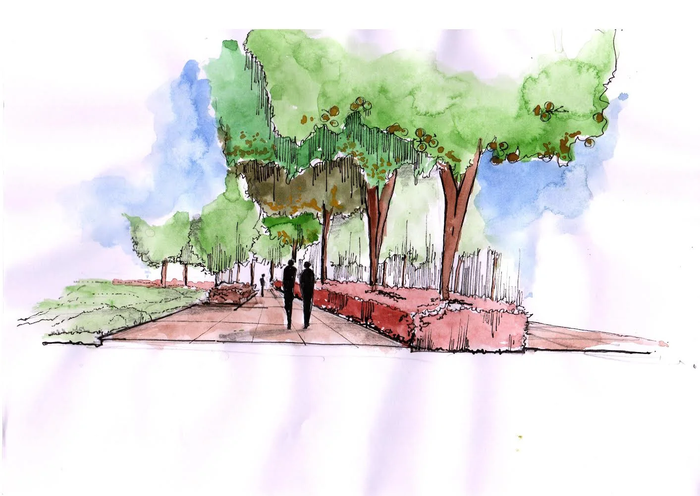 Ampad campus landscape — watercolour of the tree-lined walkway