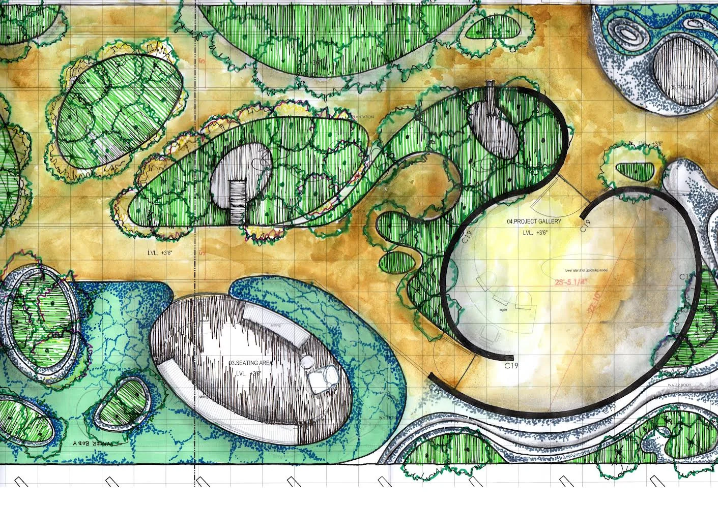 Ampad campus landscape — hand-drawn master plan of the gardens, seating and gallery