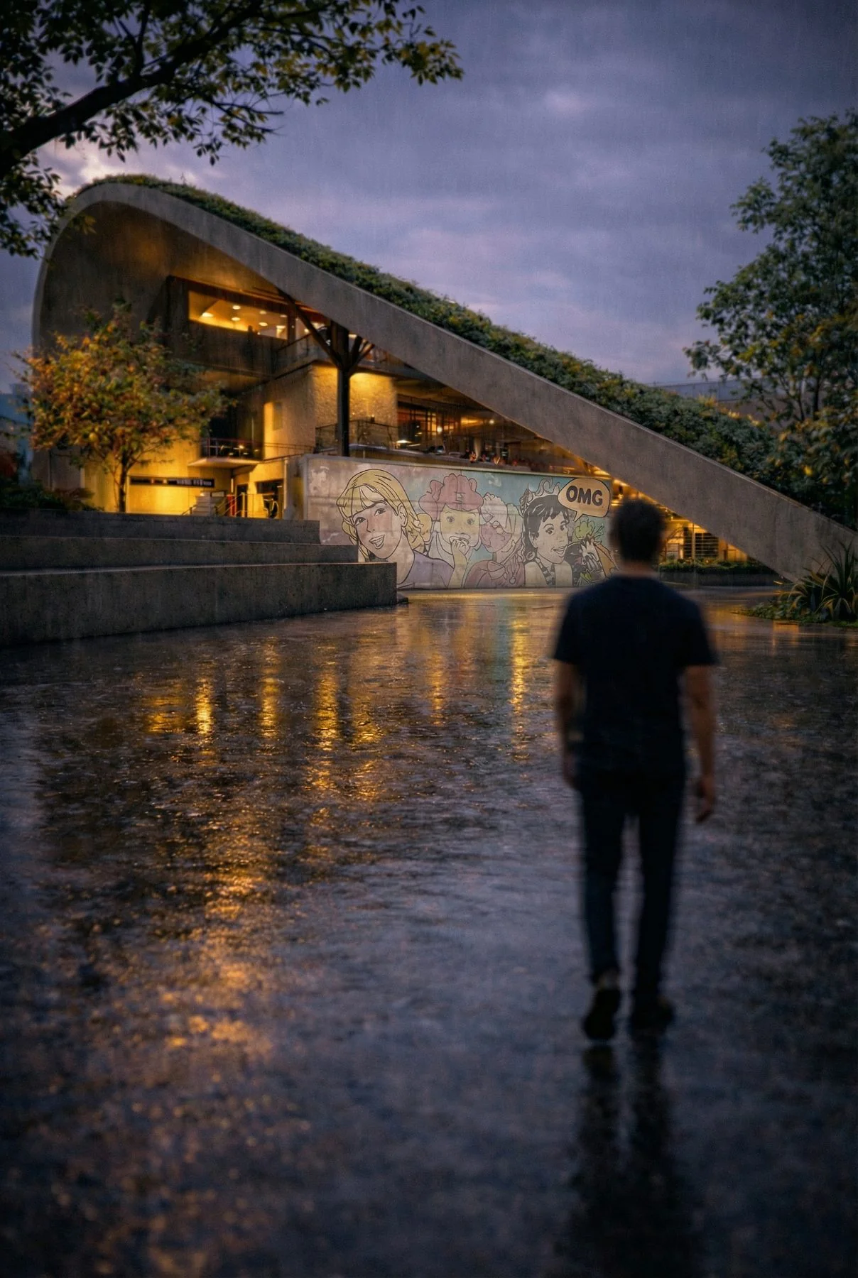 School of Architecture campus, Bidar Karnataka — green super-roof at dusk in the rain