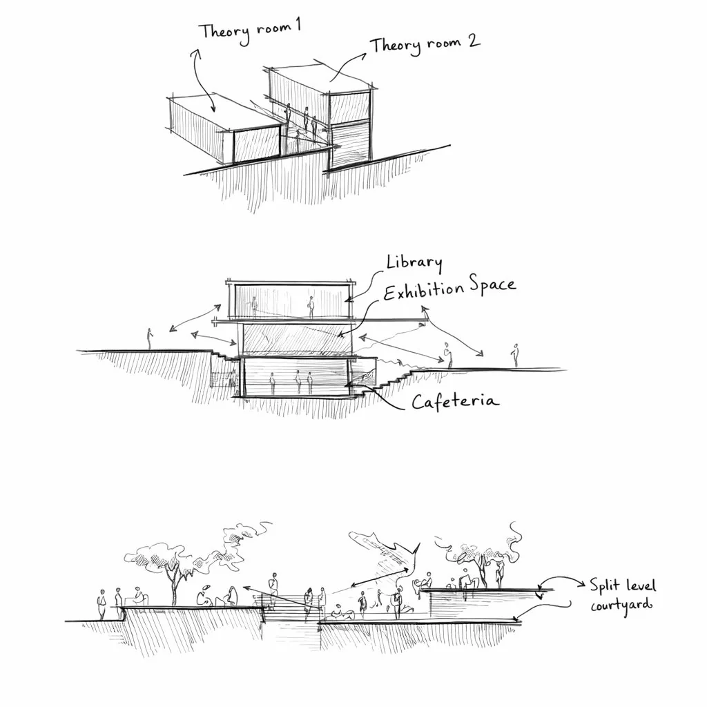 School of Architecture campus, Bidar — hand-drawn section and massing sketches