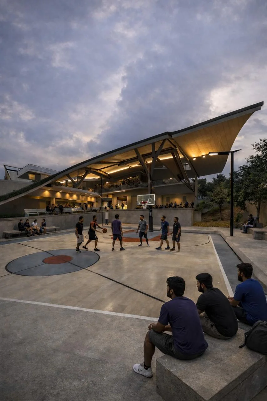 School of Architecture campus, Bidar — basketball court beneath the canopy roof