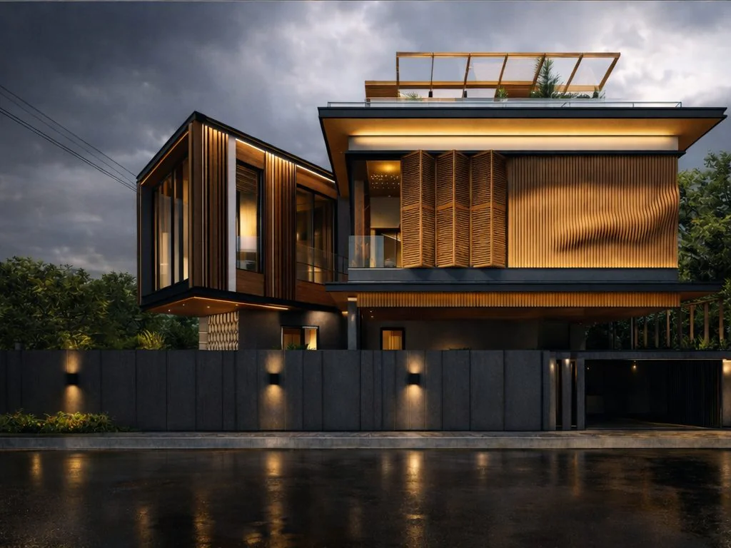 Cantilever House, Mysuru — cantilevered corner and rooftop terrace