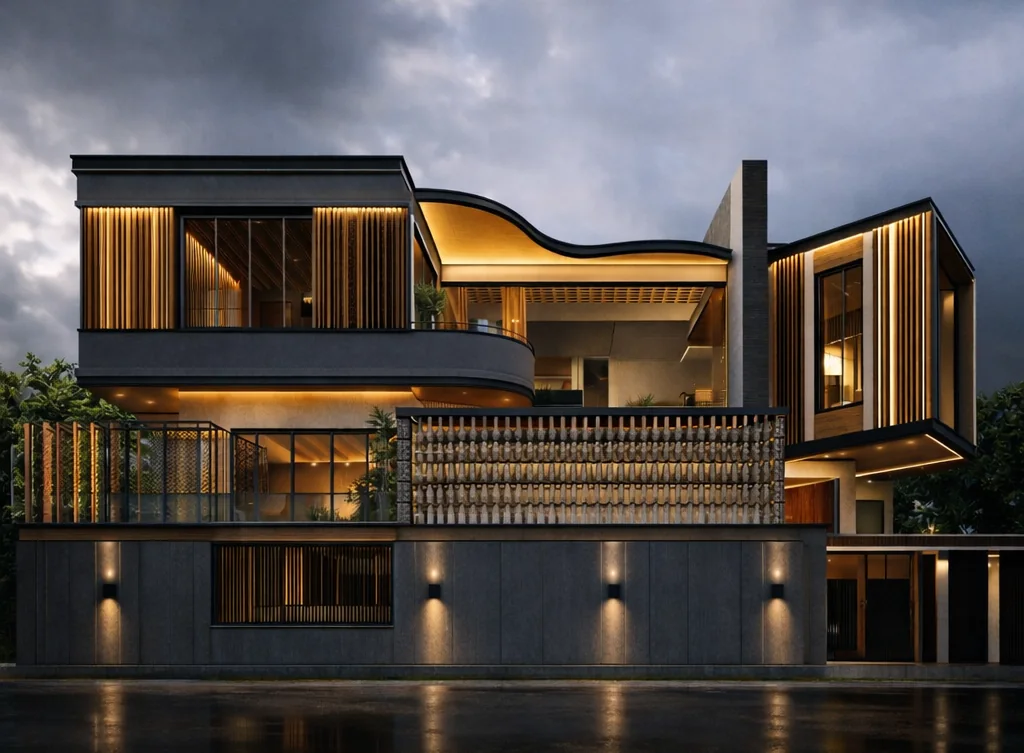 Cantilever House, Mysuru — dusk render of the curved cantilevered roof and woven stone screen