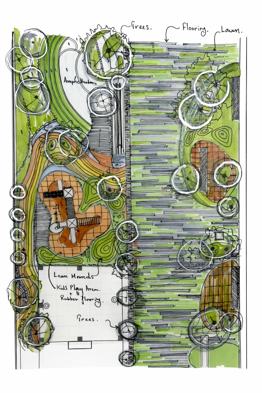 Curve landscape, Mysuru — early hand-drawn master-plan study with amphitheatre and play area