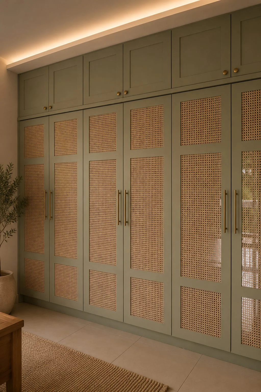 3BHK interior design, Kanakapura Road Bangalore — sage cane wardrobe wall with brass hardware