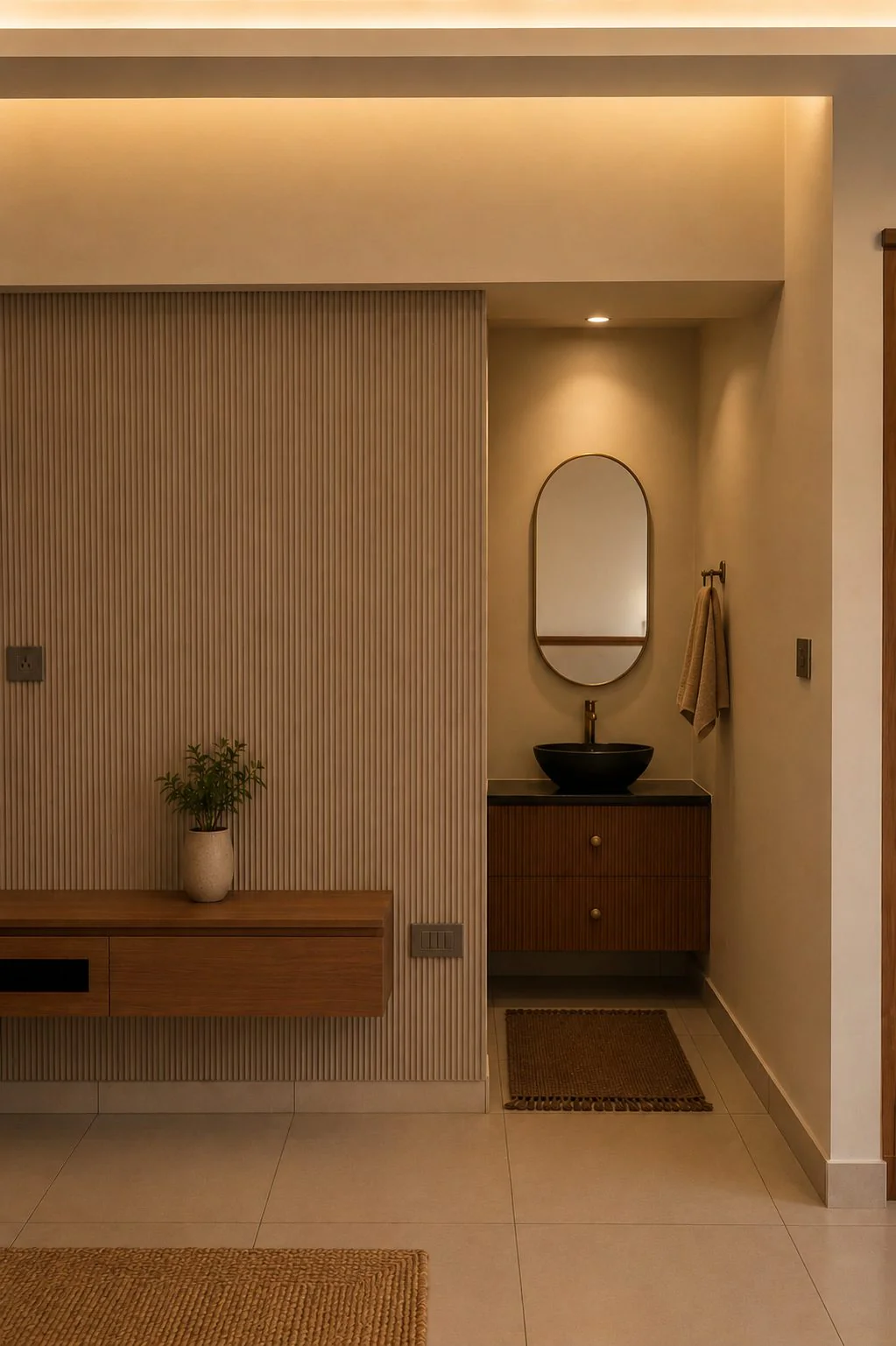 3BHK interior design, Bangalore — powder room with fluted panelling, an oval mirror and a black vessel sink