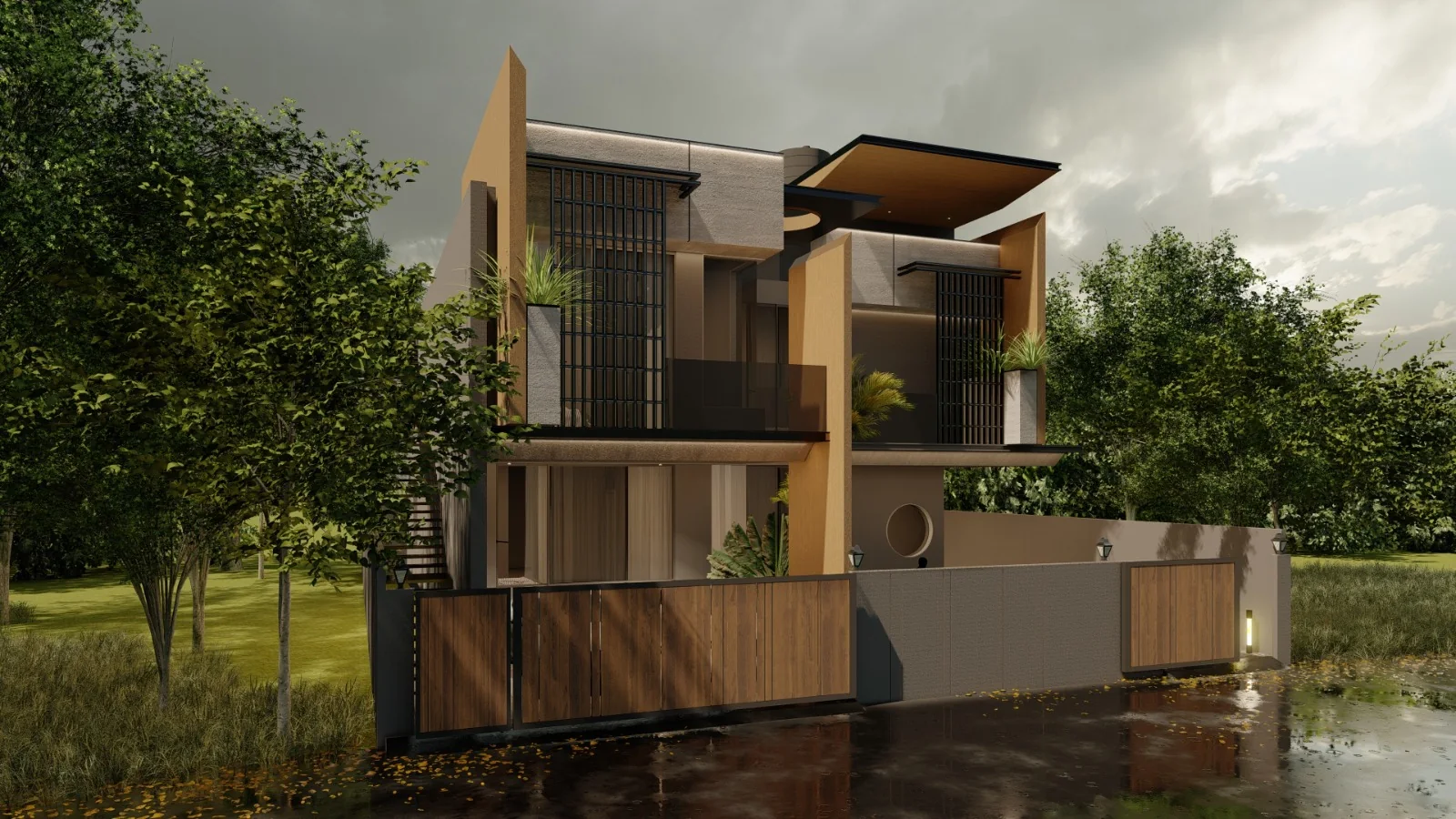 Screen House, Karnataka — dusk render of the timber-screened modern residence