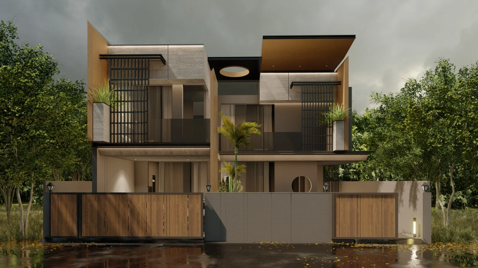 Screen House, Karnataka — front elevation render with twin timber screen bays and a roof oculus