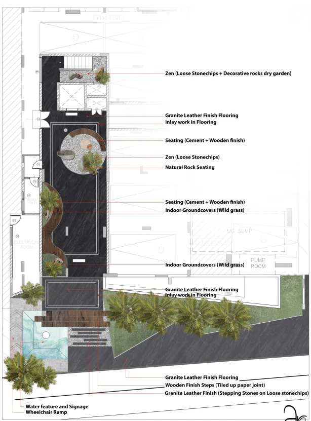 V4 landscape — rendered plan of the zen garden, rock seating and granite flooring