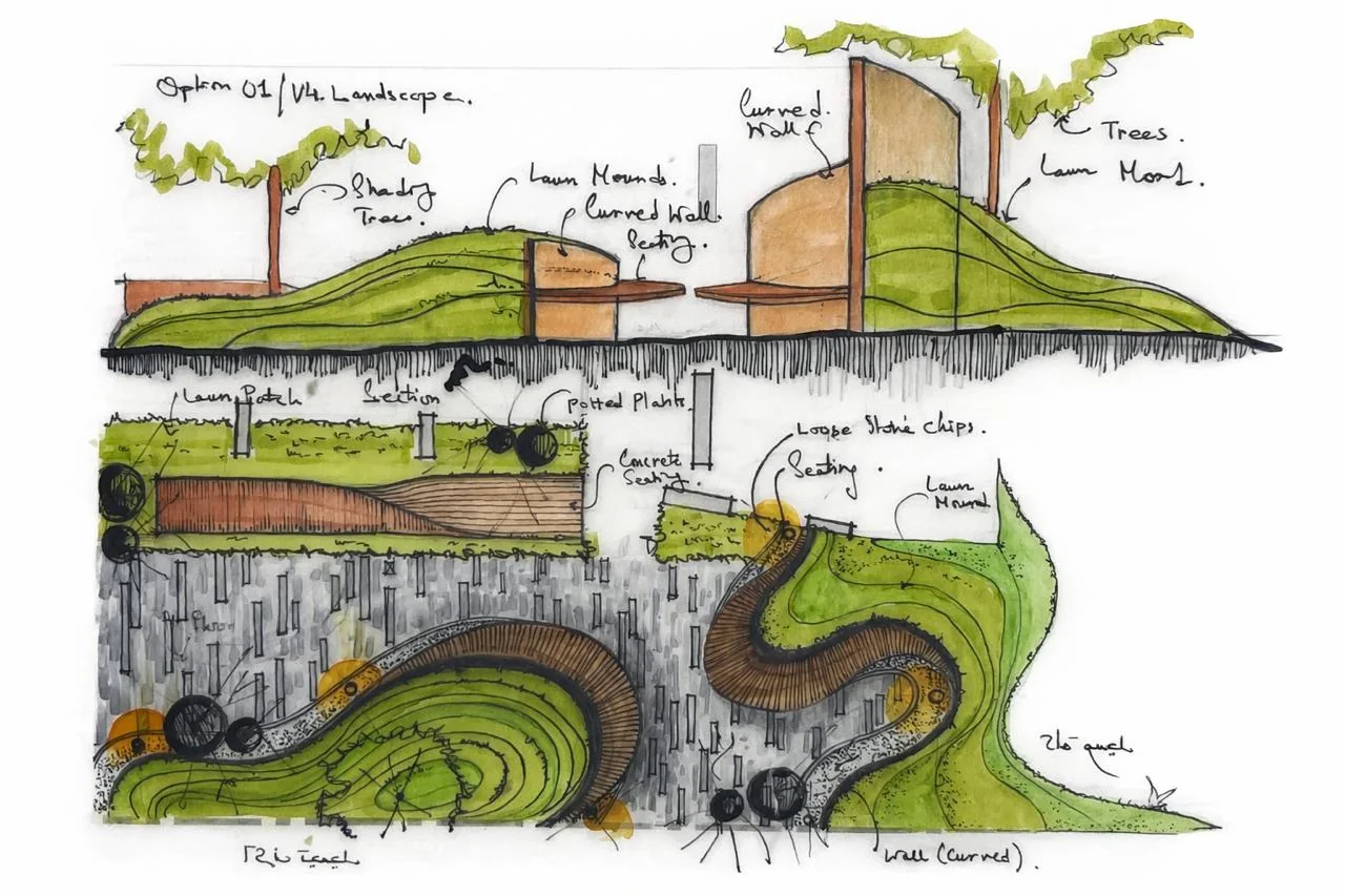 V4 landscape — concept section and plan with curved walls and lawn mounds