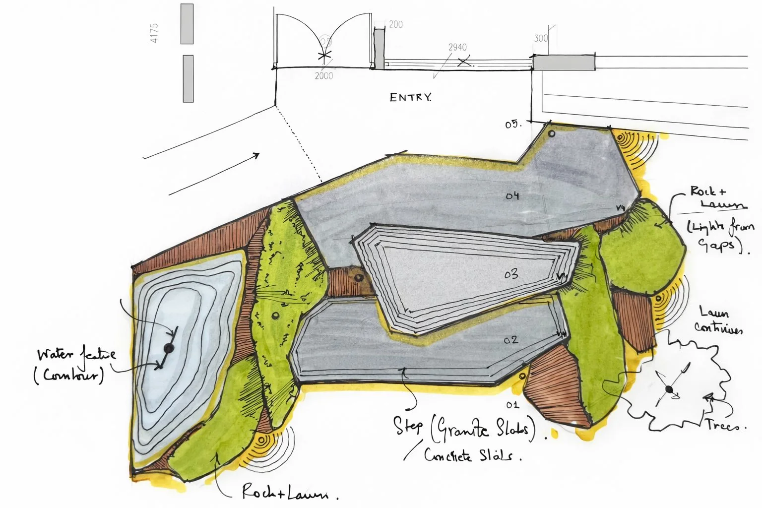 V4 landscape — concept plan of the entry, stepped granite and contoured water feature