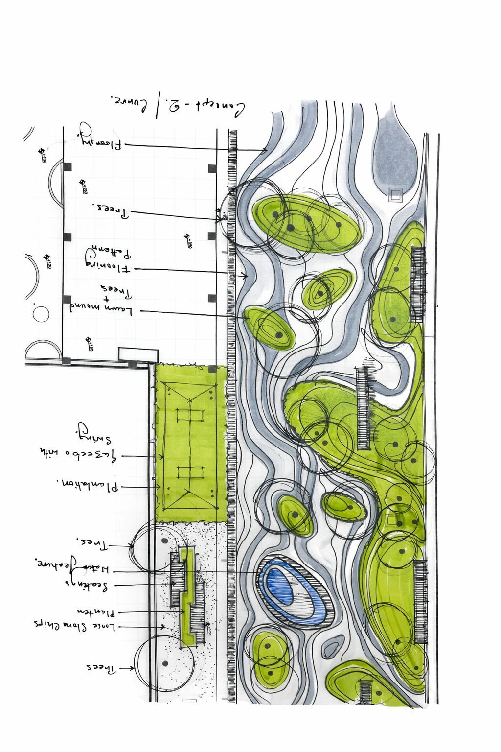 Hand-coloured concept plan for a landscape architecture project in Mysuru, Karnataka